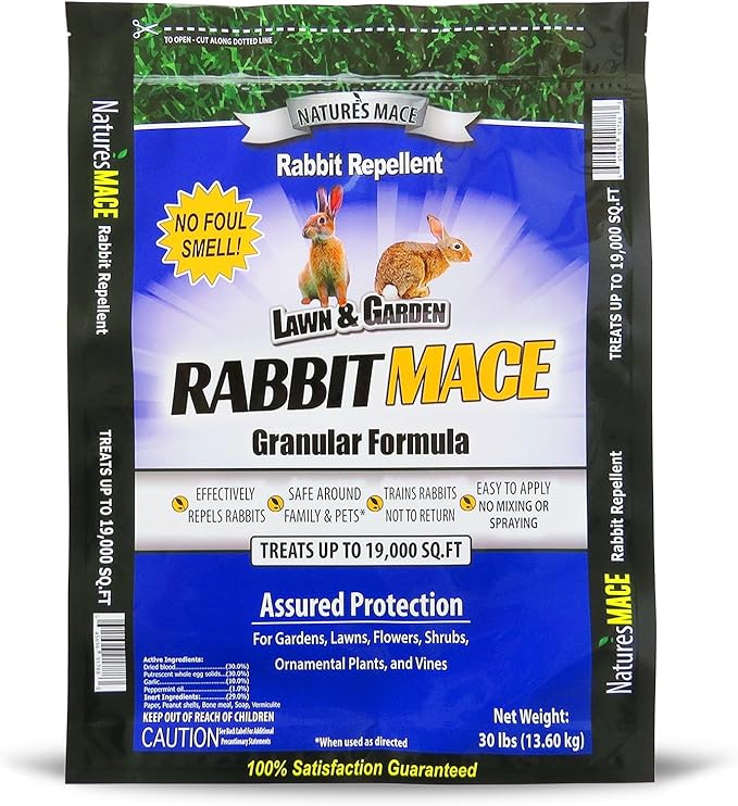 Nature's MACE Rabbit Repellent Granules, Outdoor Rabbit Deterrent for Landscape, Keep Bunnies Out of Your Lawn and Garden, 30 Pound Granular Bag, Safe to use Around Pets, People, & Plants