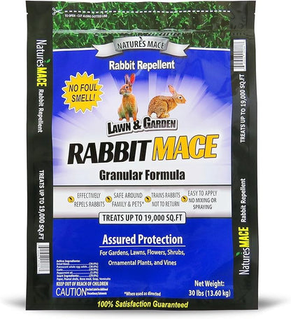 Nature's MACE Rabbit Repellent Granules, Outdoor Rabbit Deterrent for Landscape, Keep Bunnies Out of Your Lawn and Garden, 30 Pound Granular Bag, Safe to use Around Pets, People, & Plants