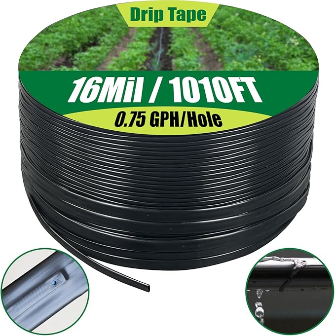 5/8" Drip Tape 1010FT, 6" Spacing Roll,16 Mil Garden Irrigation Tubing Hose, Adjustable Drip Tape Irrigation, Automatic Drip Irrigation System for Flowers, Plants, Fruits, 0.75 GPH/Hole