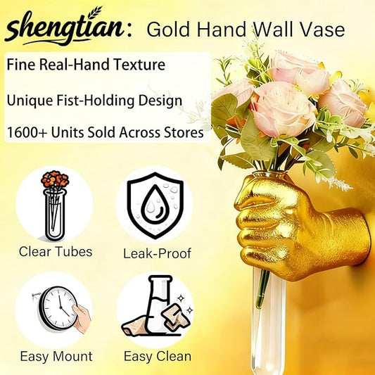 Gold Hand Vase, Wall Mounted Decor - Hanging Statue for Living Rooms & Entrance, Funky Art Sculpture Planter, Esculturas de Pared, Macetas Decorativas, Flower Tubes, Test Tubes for Plants