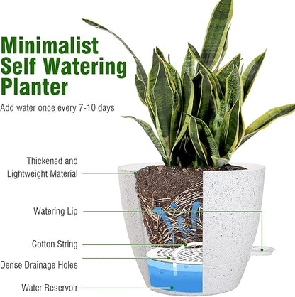 12 inch Large Self Watering Pots, Planter, Plant Pots with Multi Mesh Drainage Holes for Indoor Outdoor House Plants and Garden, Plastic Flower Pots with Deep Reservoir, Speckled White