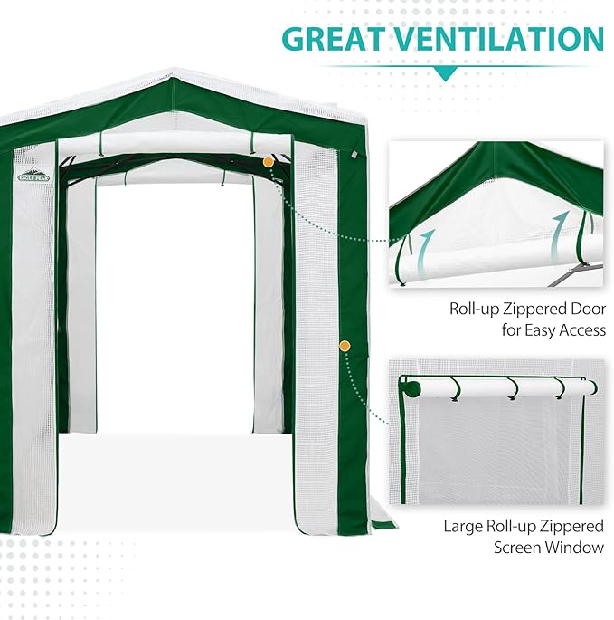 EAGLE PEAK 8x6 Portable Walk in Greenhouse with Polyester Reinforced Corners, Instant Pop Up Indoor Outdoor Gardening Green House, Roll Up Zipper Entry Doors and Mesh Windows, Green/White