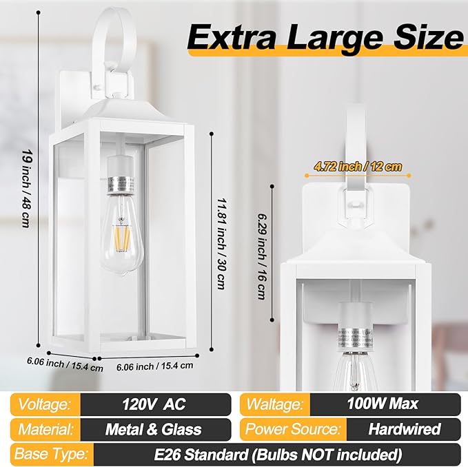 Large Outdoor Wall Lights, 19 Inch White Exterior Light Fixture, Waterproof Front Porch Lighting, Modern Sconces Lantern with Clear Glass Shade for House, Garage