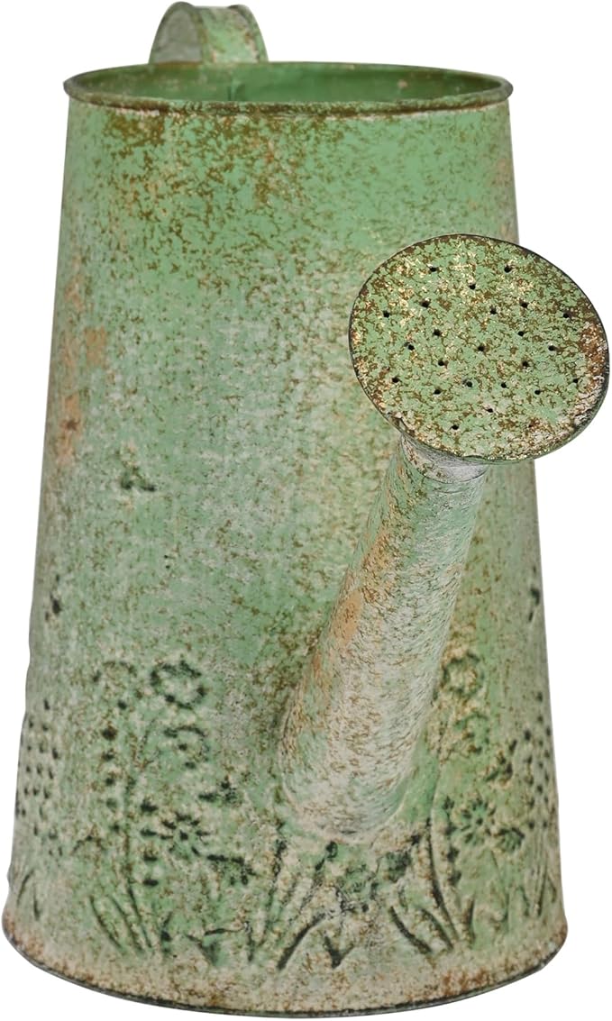 Vintage Green Metal Watering Can, Functional Garden Waterer with Floral Embossed for Indoor Outdoor Plant Care, Rustic Decor for Home Garden Patio