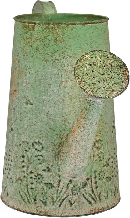 Vintage Green Metal Watering Can, Functional Garden Waterer with Floral Embossed for Indoor Outdoor Plant Care, Rustic Decor for Home Garden Patio