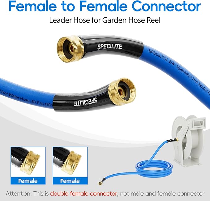 SPECILITE Female to Female Hot/Cold Garden Water Hose 5 ft x 3/4 Inch for Hose Reel, -50℉To 190℉, Heavy Duty, Flexible, Burst 605 Psi, Rubber Extension Pipe with 3/4" Brass Fittings