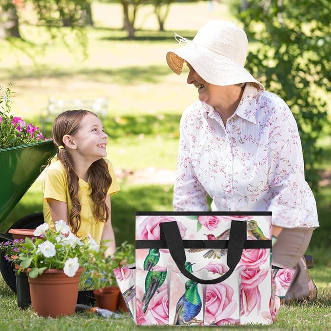 Hummingbird Flower Rose Garden Tool Bag Waterproof Gardening Tool Storage Bag with Handle & 10 Pockets Gardening Tote Bag for Women Garden Tool Organizer