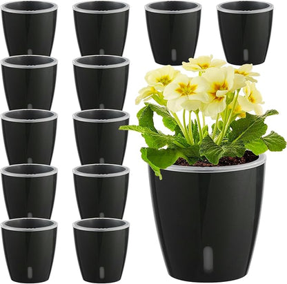 Self Watering Pots for Indoor Plants, 12-Pack 5'' Self Watering Planter with Drainage Holes, Small African Violet Pots with Water Level Indicator, Clear Wick Pot, Black