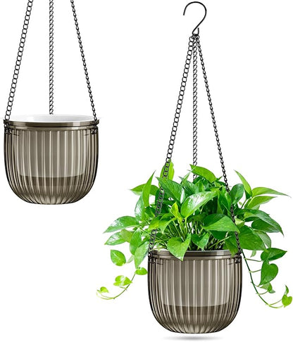 Halatool 2 Pack Self Watering Hanging Planters for Indoor Plants- 6.5 Inch Outdoor Hanging Flower Pots with 2 Metal Chains for Garden Home Wall Decor (Starry Gray)