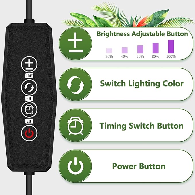 LED Grow Light, 3 Heads Full Spectrum Plant Light with Clamp for Indoor Plants & Seed Starting, 10-Level Dimmable, Auto On Off, Timing 4 9 12Hrs