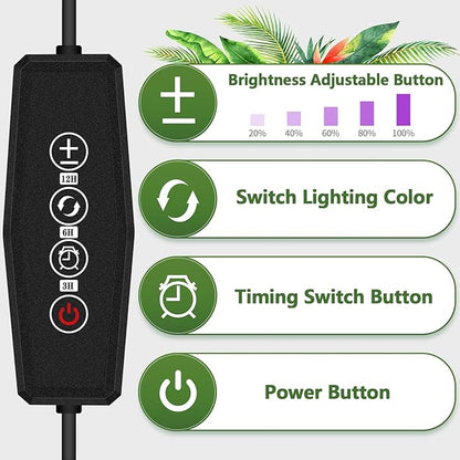 LED Grow Light, 3 Heads Full Spectrum Plant Light with Clamp for Indoor Plants & Seed Starting, 10-Level Dimmable, Auto On Off, Timing 4 9 12Hrs