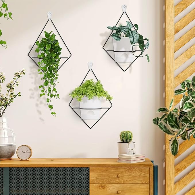3 Sets Wall Planters for Indoor Plants Geometric Hanging Planters for Indoor Plants - Self-Watering Flower Pots with Black Metal Holder, Mounted Succulent Planter, 5" Black Plant Pot
