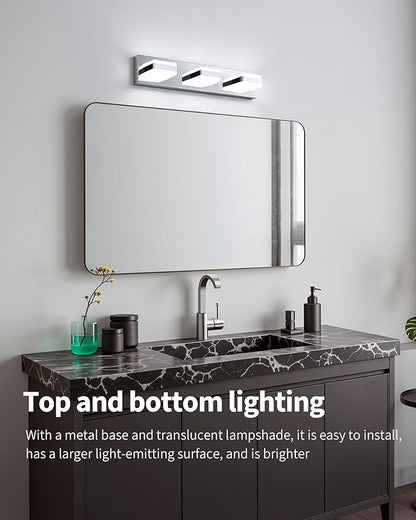 Bathroom Lighting Fixtures Over Mirror, 3 Light Bathroom Vanity Light Fixtures with Cool White 5000K, Silver LED Modern Vanity Wall Lights for Bath, Dressing Room, Restroom, 21.6 inch