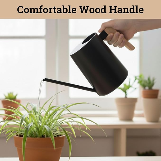 35 Ounce Metal Small Indoor Watering Can with Long Spout & Real Wood Handle for House Plants, Succulents, Cacti & Seedlings - Black Long Spout Watering Can Indoor Plants - Gentle Flow & No Spills