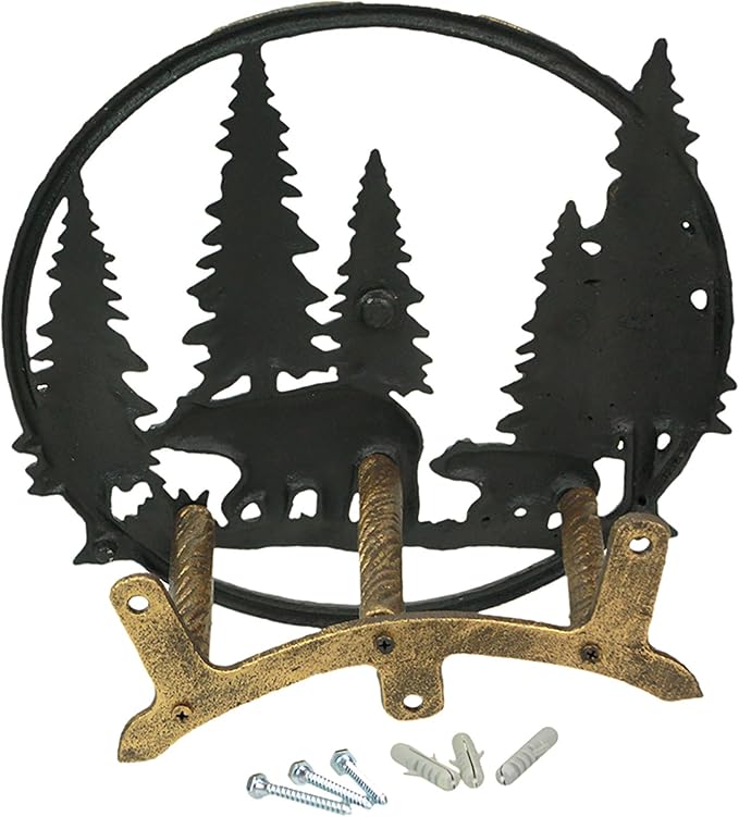 Zeckos Cast Iron Black Bears in Forest Decorative Wall Mounted Hanging Garden Hose Hanger - 11 Inches in Diameter - Wildlife Themed Outdoor Hose Holder Decor