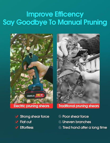 OMOLA Electric Pruning Shears,with 2 PCS Rechargeable 21V 2Ah 2000mA Lithium Battery Powered and 2 Blades，1Inch/25mm Cutting Diameter,6-8 Working Hours…
