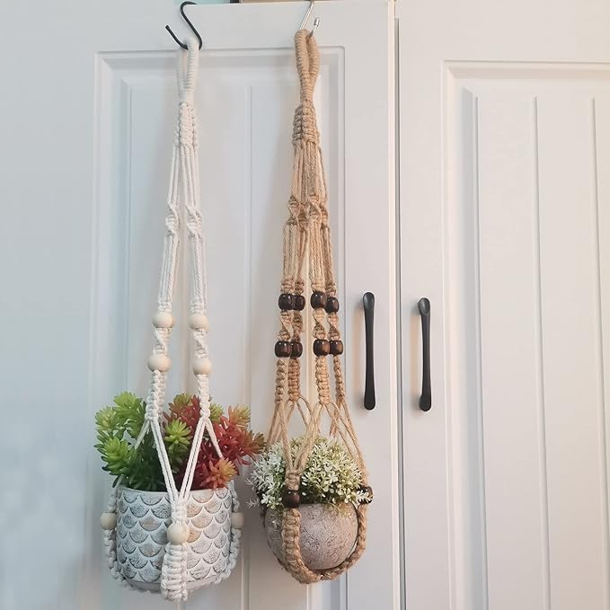 Macrame Plant Hanger Indoor, 23" No Tassel Hanging Plant Holder, Sturdy Flower Pot Holder with Hooks - Brown (Pot NOT Included)