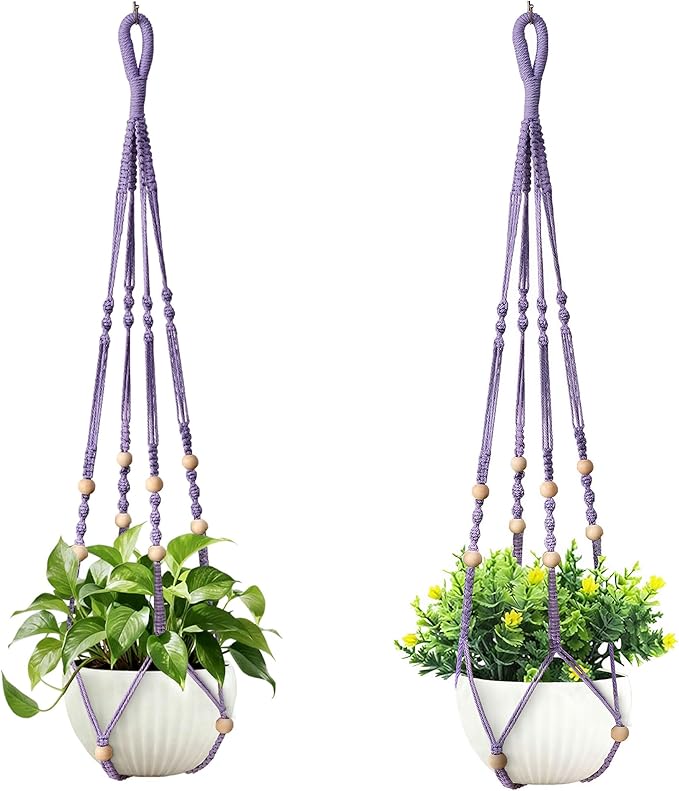 35 Inch Macrame Plant Hanger, Hanging Planter Basket with Wood Beads, Decorative Flower Pot Holder for Indoor Outdoor Boho Home Decor, Set of 2 (Purple)