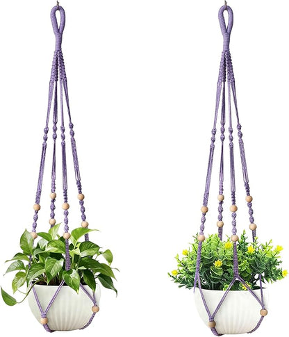 35 Inch Macrame Plant Hanger, Hanging Planter Basket with Wood Beads, Decorative Flower Pot Holder for Indoor Outdoor Boho Home Decor, Set of 2 (Purple)