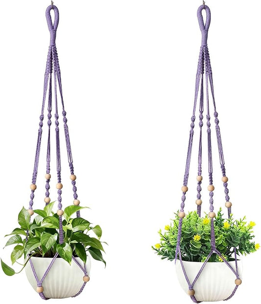 35 Inch Macrame Plant Hanger, Hanging Planter Basket with Wood Beads, Decorative Flower Pot Holder for Indoor Outdoor Boho Home Decor, Set of 2 (Purple)