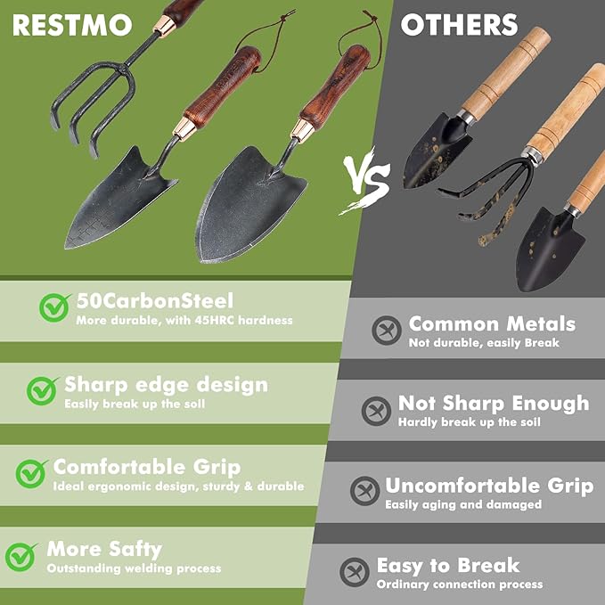 RESTMO 3-in-1 Heavy Duty Gardening Tools Kit, Premium Carbon Steel Garden Tools with Ergonomic Wooden Handle Includes Trowel, Transplanter, and Cultivator, Ideal Gardening Gifts for Women, Gardener