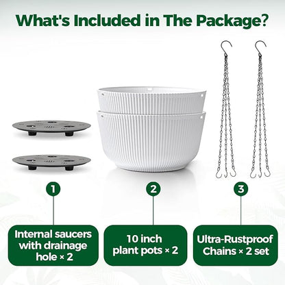 T4U 10 Inch Hanging Planters for Indoor Plants, 2 Pack White Self Watering Hanging Plant Pot, Hanging Pots Set with Drainage Hole & Plug & Chain with 3 Hooks for Garden Home Decor