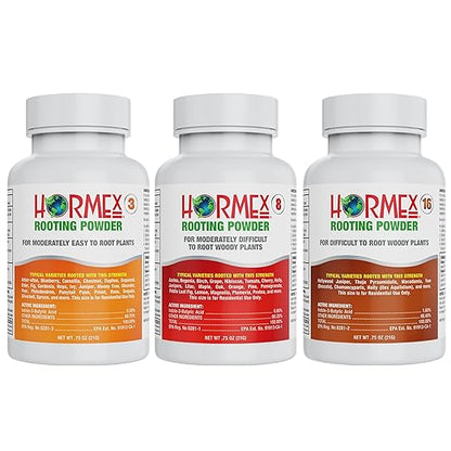 Hormex Rooting Powder Combo #3, 8, 16 (0.30-1.6 IBA) - Rooting Hormone for Common Home Garden Plants to Very Difficult Hardwood, Medicinal and Tree Cuttings - Root Stimulator for Plant Cloning