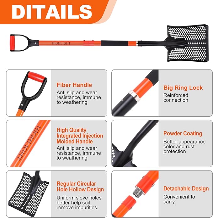 HIGHLIGHT Detachable Sifting Shovel - 45 Inch Sand Sifter with Ergonomic D-Grip Handle for Beach, Garden & Farm Cleaning - Fiberglass Handle & Powder Coated Steel