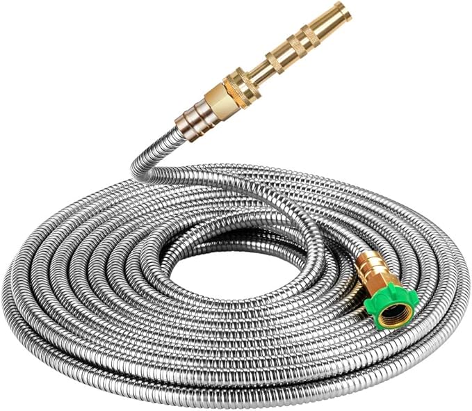 BEAULIFE 304 Stainless Steel Metal Garden Hose 25 Feet with Brass Garden Hose Nozzle Flexible, Portable & Lightweight Kink Free Garden Water Outdoor Hose