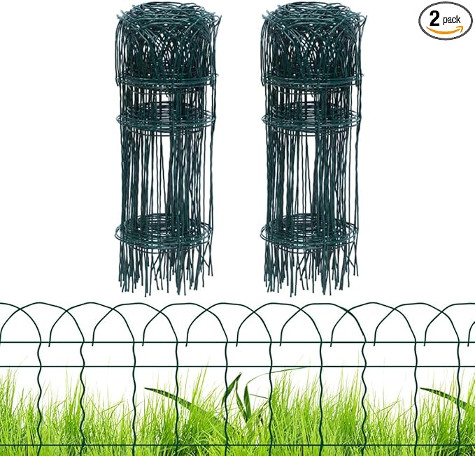2 Rolls Green Garden Fence Border, 14 in x 40 ft Metal Folding Fence Wire Roll Garden Border Edging, Garden Fence Roll Flower Bed Fencing for Outdoor Yard