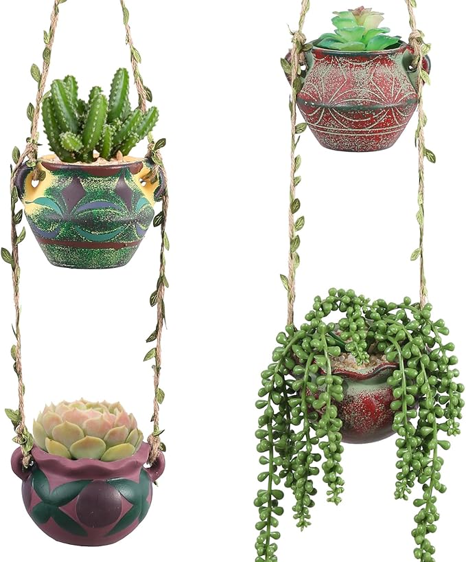 4 Piece Boho Ceramic Hanging Planters with Drainage Holes – Adorable Indoor Outdoor Succulent Flower Pots, Unique Home Décor, Charming Small Planters for Plants