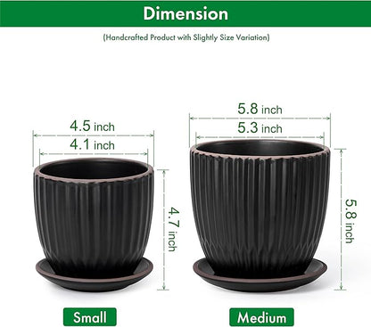 D'vine Dev Set of 2 Stoneware Planter Pots, Ceramic Pot with Drainage Hole and Saucers, 4.5 Inch 5.8 Inch, Black, 99-D-2