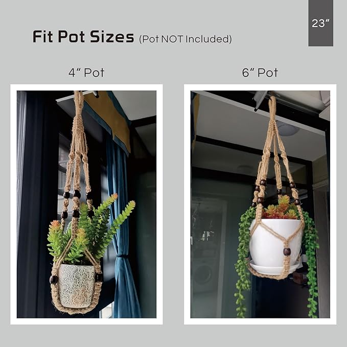 Macrame Plant Hanger Indoor, 23" No Tassel Hanging Plant Holder, Sturdy Flower Pot Holder with Hooks - Brown (Pot NOT Included)
