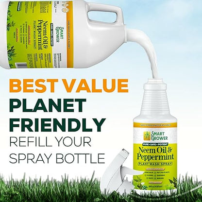 Neem Oil Spray for Plants with Peppermint Oil, Natural Plant Wash Made for Indoor and Outdoor Plants Smart Grower 128oz Gallon Refill Ready to Use Spray