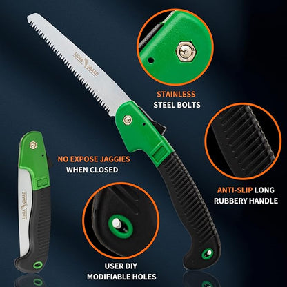 FLORA GUARD 7.7-Inch Folding Hand Saw, Pruning Saw with Trible-Cut Razor Teeth for Wood Cutting, Tree Trimming, Professional Camping Gardening Tools (Green)