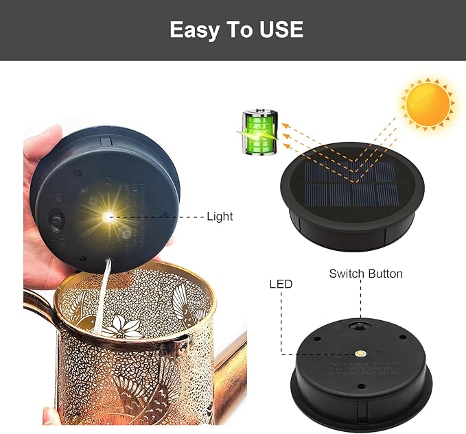 VOOKRY Watering Can Solar Lights Replacement Top - 1 Pack 3.6in Round Solar Panel with 3.5Ft 80 LED Flashing String Lights, Outdoor Waterproof Lantern Decorative Battery Box Replacement Accessories