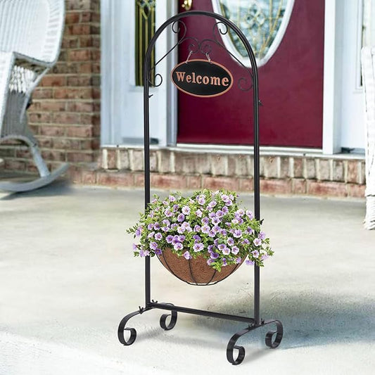 LEWIS&WAYNE 40’’ Tall Metal Welcome Planter Basket Stand with Coco Liner, Outdoor Décor for Porch, Deck, Patio, Landscape
