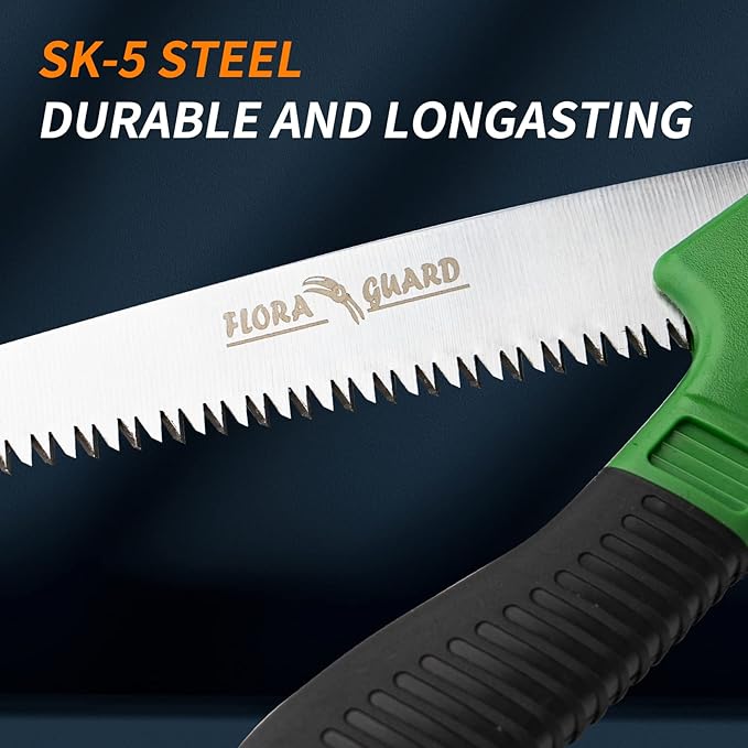 FLORA GUARD 7.7-Inch Folding Hand Saw, Pruning Saw with Trible-Cut Razor Teeth for Wood Cutting, Tree Trimming, Professional Camping Gardening Tools (Green)