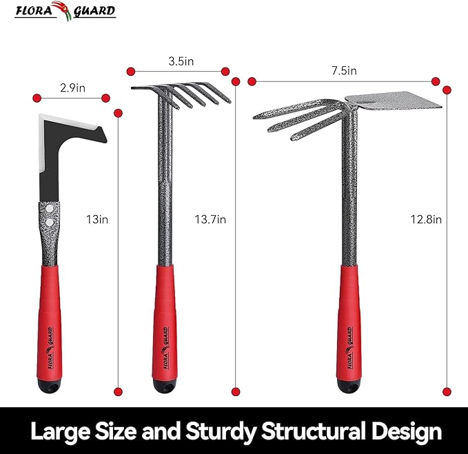 FLORA GUARD Garden Tool Set, 6-Piece Heavy Duty Gardening Hand Tools with Soft Rubber Handle, Includes Trowel, Rake, 2-in-1 Hoe & Crack Weeder, Durable Yard Tools, Christmas Garden Gift for Men Women