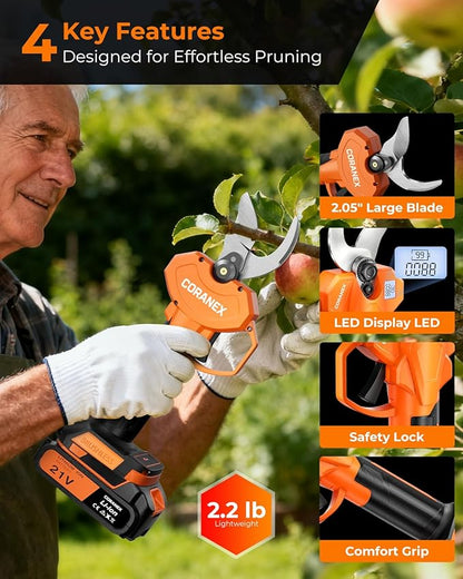 2.05'' / 56 mm Cordless Electric Pruning Shears | Longer Runtime | Brushless Motor | Anti-Slip Handle | Safety Switch | Ideal for Garden, Orchard & Tree Trimming