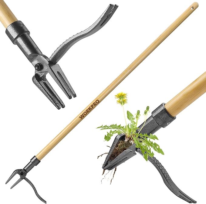WORKPRO Weed Puller Tool with 44” Bamboo Handle, Heavy-Duty 4-Claw Cast Iron Head, Stand-Up Weeder with Foot Pedal for Dandelions, Thistles, Crabgrass, Easy Root Removal Without Bending or Kneeling