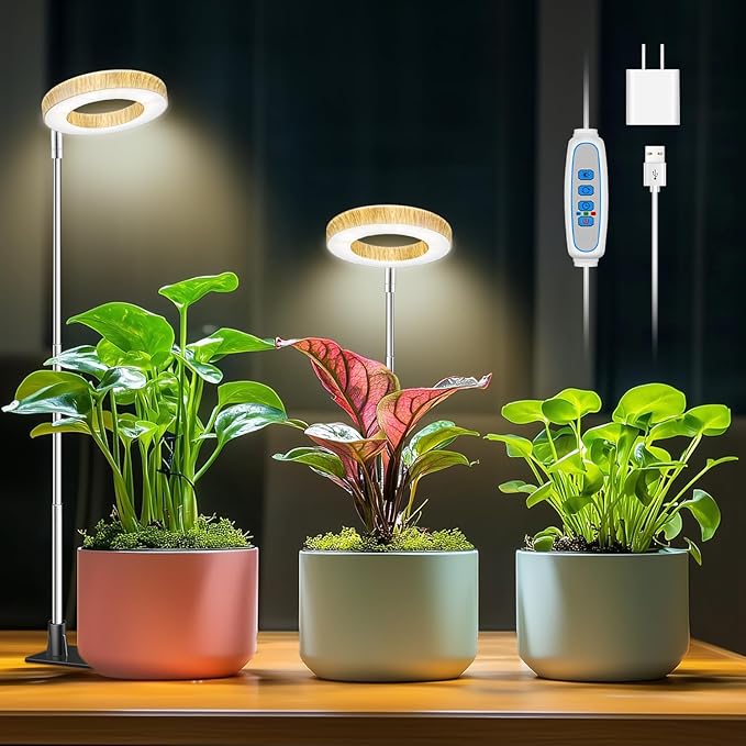 Plant Grow Light, 48 LEDs Full Spectrum Grow Lights for Indoor Plants, Height Adjustable Faux Wood Grain Small Grow Light with Base, 3 Optional Spectrums, Auto Timer 6/12/16Hrs, 5 Brightness