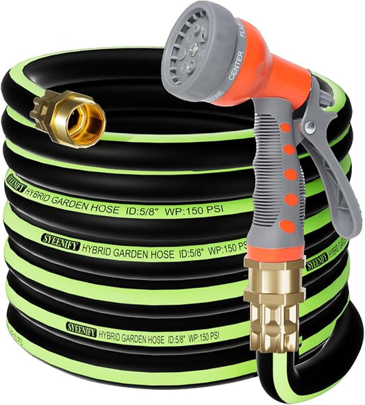 SYEENIFY Kink Free Garden Hose 50ft 5/8", Heavy Duty Hybrid Water Hose, Ultra Durable Flexible Rubber Hose with Sprayer Nozzle,Leakproof Yard Outdoor Hose with Brass Solid Connector