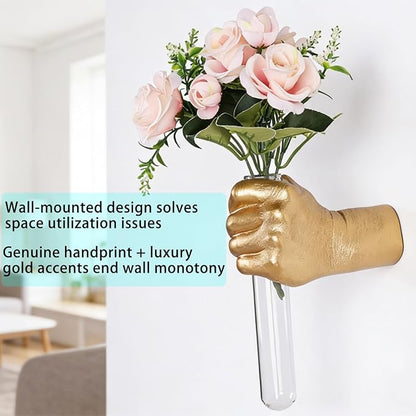 Gold Hand Vase, Wall Mounted Decor - Hanging Statue for Living Rooms & Entrance, Funky Art Sculpture Planter, Esculturas de Pared, Macetas Decorativas, Flower Tubes, Test Tubes for Plants