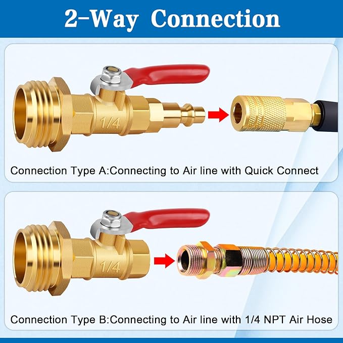 FANOVO RV Winterize Blowout Adapters, 3/4'' GHT Male & Female Brass Winterizing Plugs, Air Compressor Sprinkler Blow-out Fitting Connector with Shut off Valve, for Camper,Boat,Garden Faucet Marine