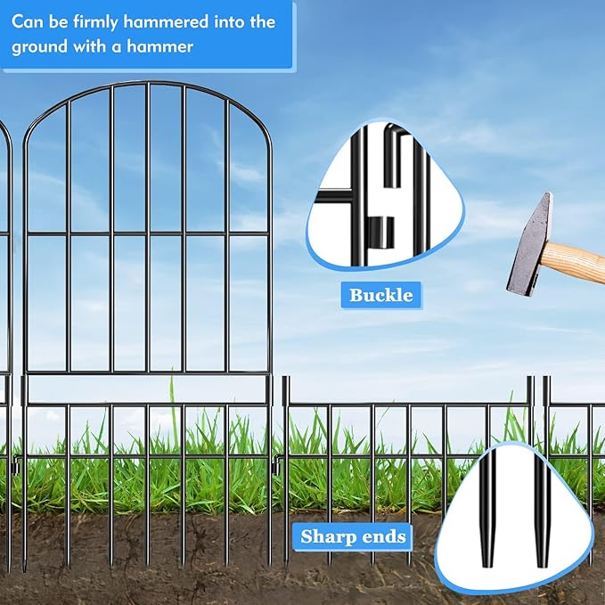 Adavin Animal Barrier Garden Fence,10 Pack Black 12''L x 25" H no dig Fence, Underground dig Protection for Dog Rabbits Rustproof Metal Wire Panel Border, 10 ft Ground Stakes for Outdoor Patio