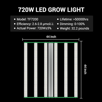 RDJ Bouns 720W LED Grow Light for 4x4/5x5 Grow Tent, Wide Body 6 Bar 100V-277V LM281B+ and EPI Diodes, Full Spectrum Commercial, Overall Size 44" x 44", Daisy Chain Dimmable, Perfect for Indoor Garden