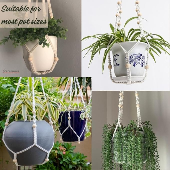 3 Pack Macrame Plant Hanger, Hanging Planters for Indoor Plants Holder With Wood Beads, No Tassels Hanging Plant Holder 3 Hooks, Different Size Boho Plant Hanger, Home Decor, Ivory (POTS NOT INCLUDED)