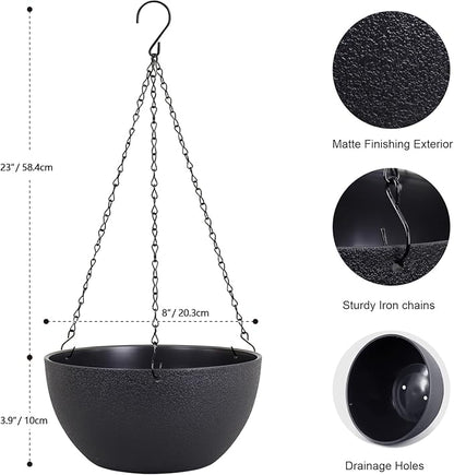 8 inch Small Hanging Planters Plant Pots for Indoor Outdoor Plants, 2 Pack Hanging Flower Pots with Drainage Holes and Chain for Garden Porch, Plastic Hanging Baskets for House Plants, Black