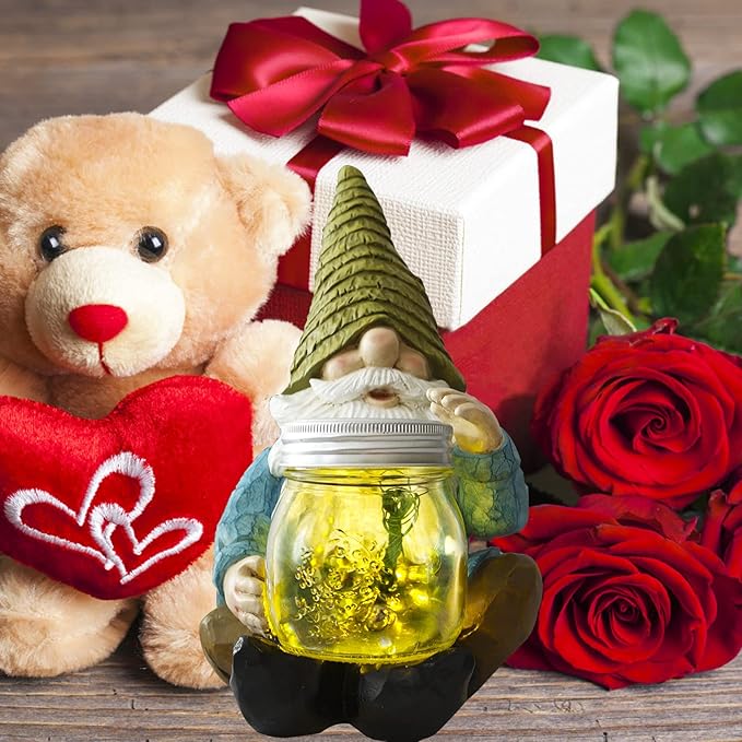 Solar Firefly Jar Gnome Waterproof - Christmas Large Garden Gnome Funny Solar Outdoor LED Lights Resin Statues 10.6" Lantern Figurines Xmas Decorations Birthday Housewarming Gifts for Mom Women